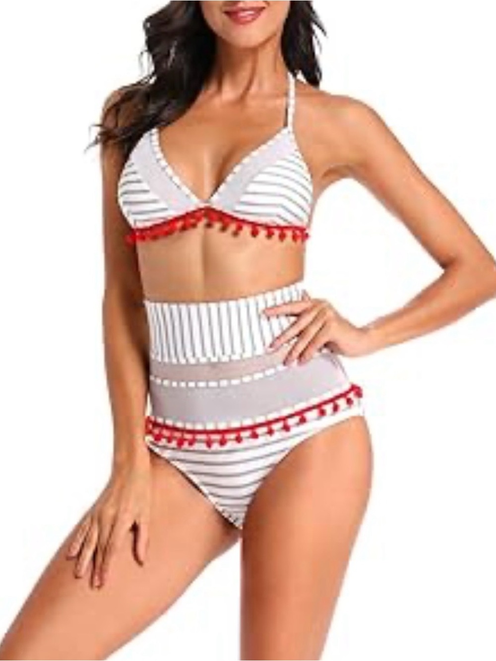 COCOSHIP Black and White Striped Bikini with Red Pom Trim
